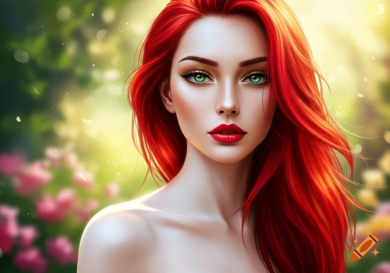Close-up portrait of a woman with long bright red hair, emerald green eyes, and ruby red lips, set against a soft, sunlit green and pink floral background.