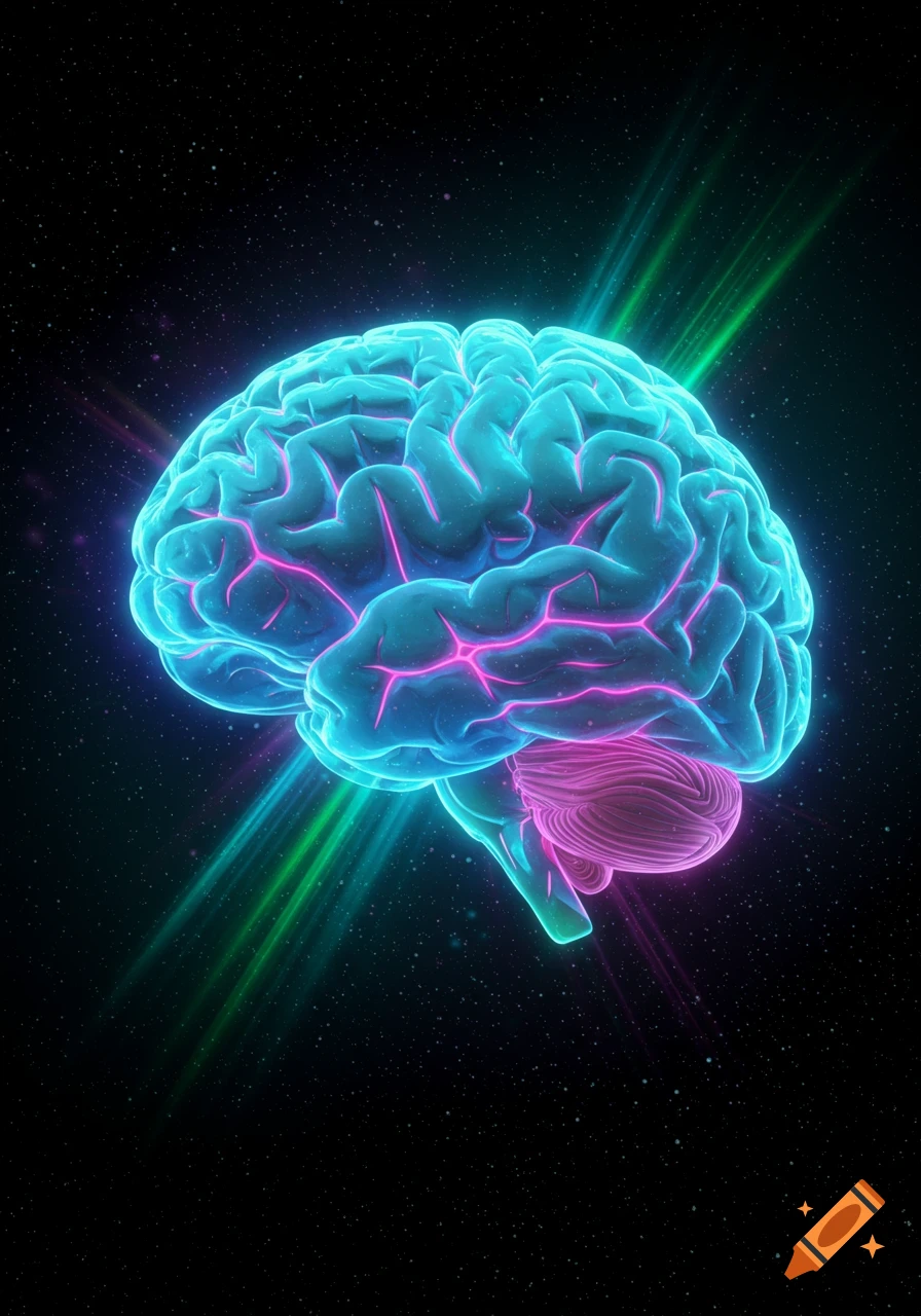 A vibrant, glowing blue brain with pink accents floats in a starry cosmic background, emitting green and pink light rays.