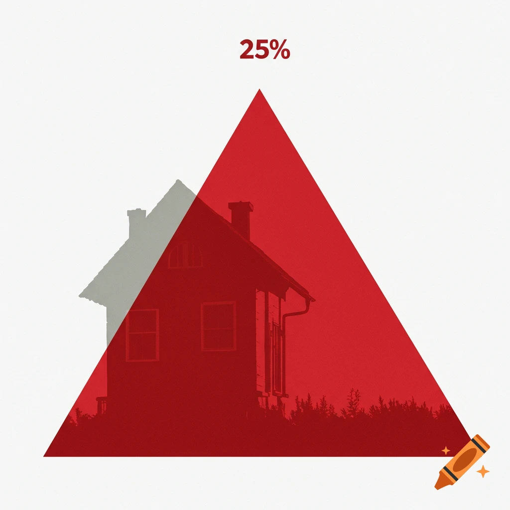 A red triangle over a house silhouette with a ghosted house in the background on white, showing '25%'.