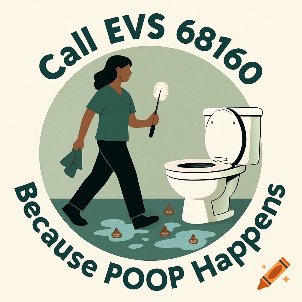An illustration of a person with a toilet brush and rag walking towards a toilet with cartoon poop and water on the floor. Text reads 'Call EVS 68160 Because POOP Happens'.