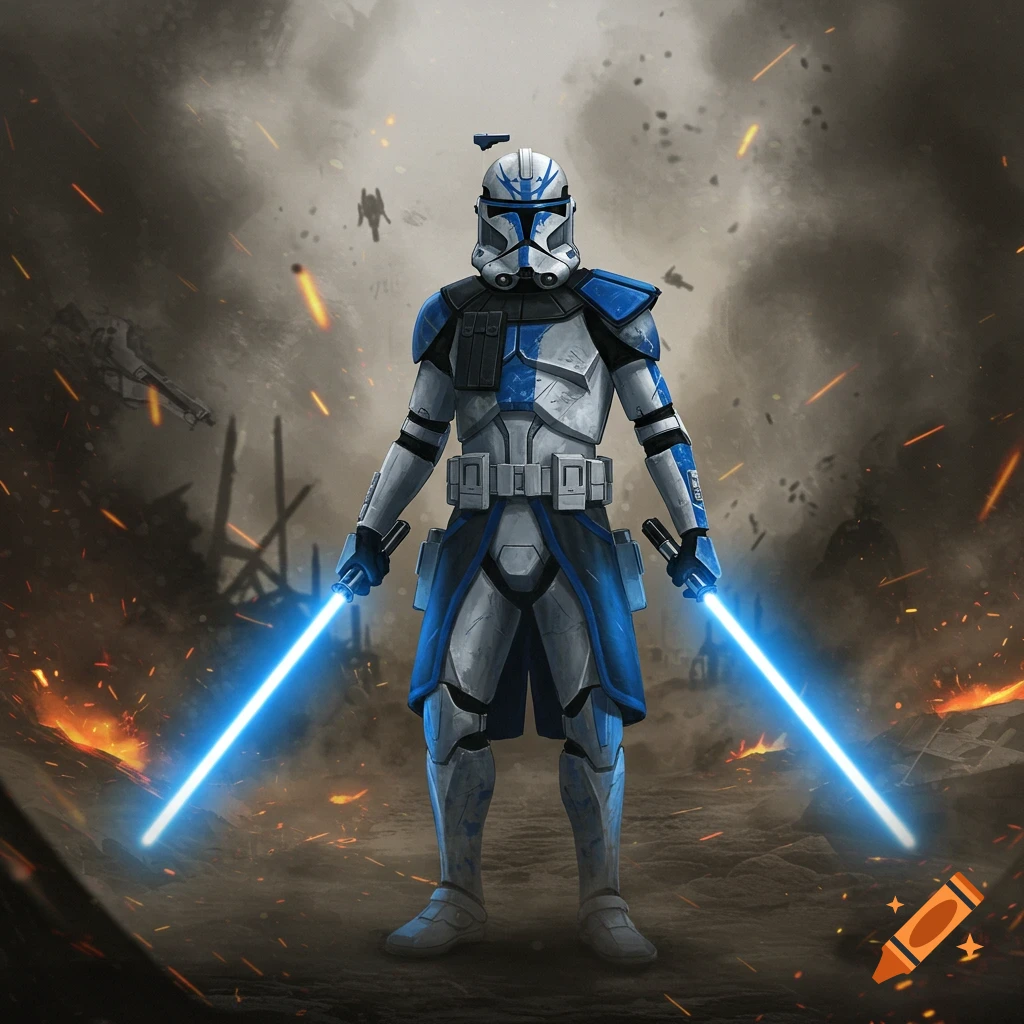An ARC Clone Trooper in blue and white armor stands in a smoky, fiery battleground, holding two glowing blue lightsabers.