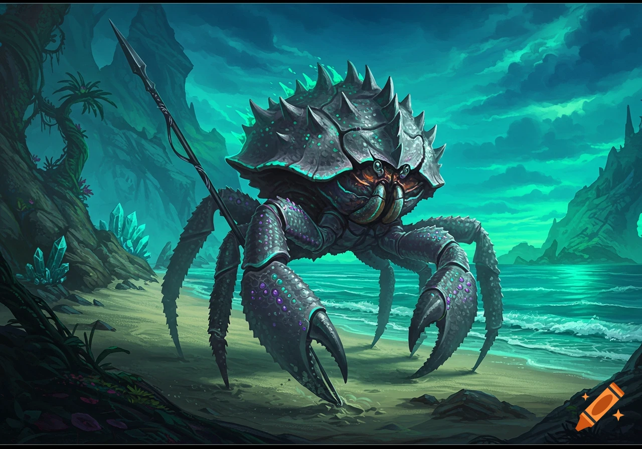 A large, spiky alien crab with luminescent markings holds a spear on a vibrant turquoise alien beach with glowing crystals.