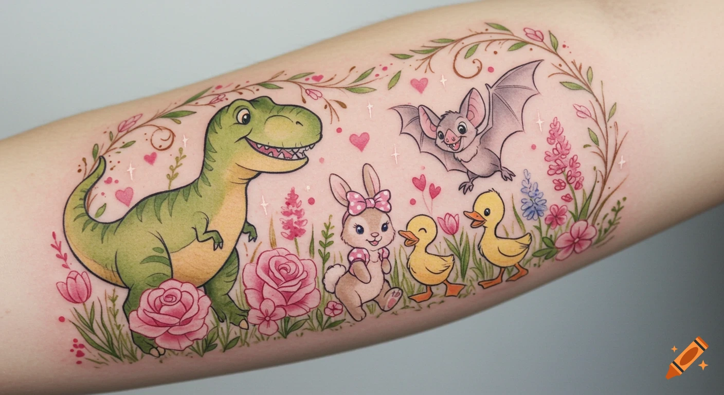 Watercolor tattoo on an arm featuring a cartoon green T-Rex, bunny, bat, and two ducklings among pink flowers and vines.
