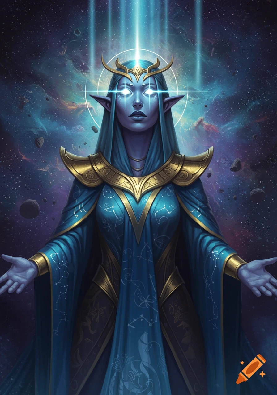 A cosmic elf-like being with glowing eyes and light beams, adorned in ornate blue and gold robes, against a nebula and asteroid backdrop.