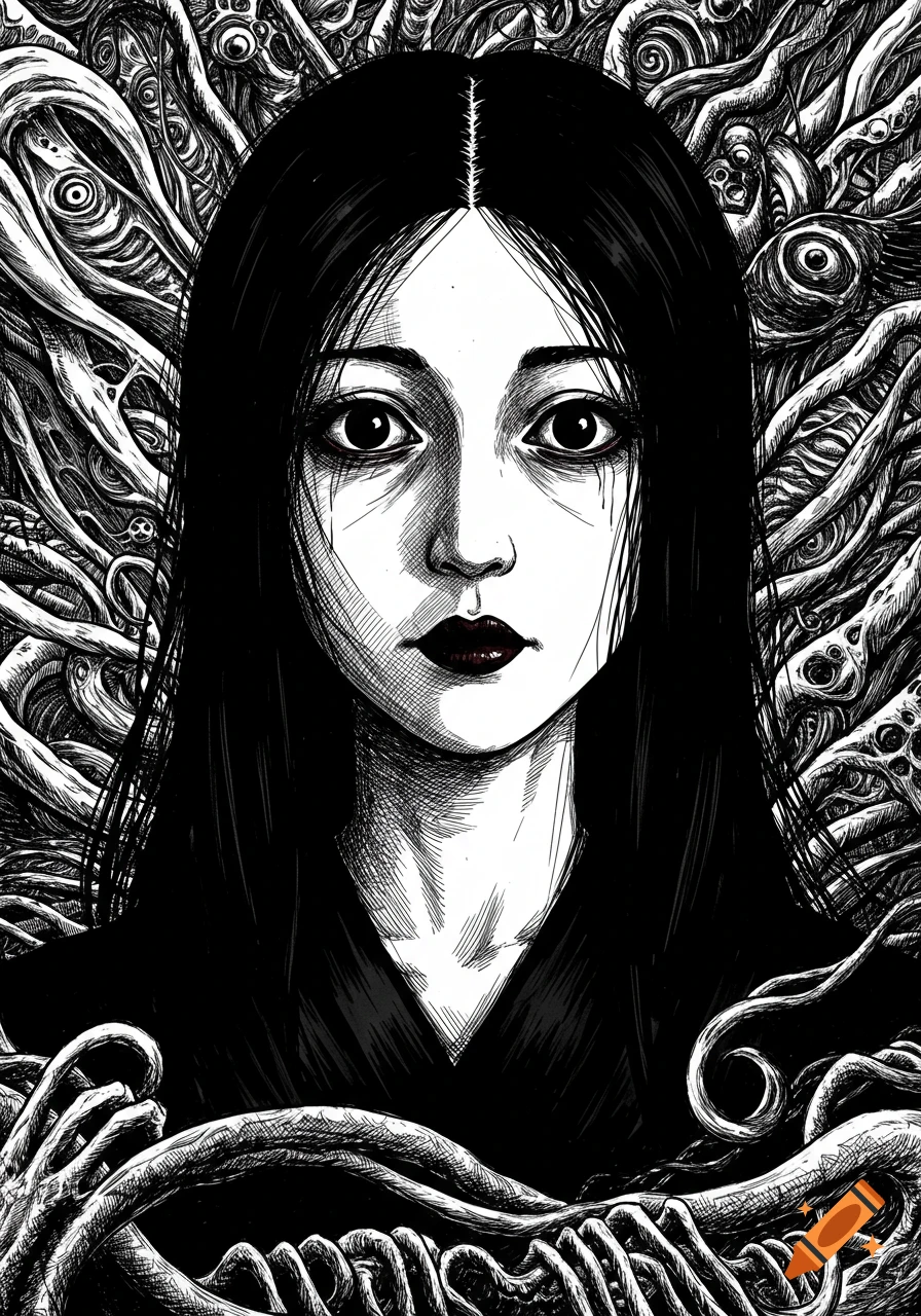 Black and white horror manga illustration of a woman with wide, unsettling eyes and long dark hair, against a background of swirling, organic patterns.