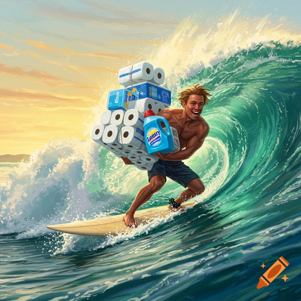 Muscular man surfing a wave at sunset, smiling while dramatically carrying a stack of toilet paper and a bottle of laundry detergent.