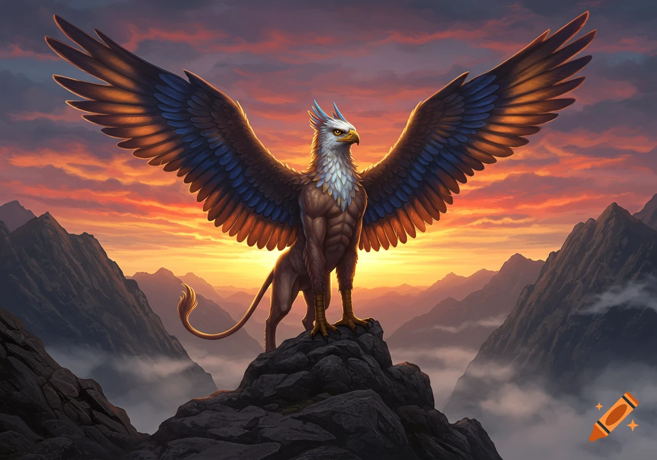 A majestic griffin with outstretched wings stands on a rocky mountain peak against a vibrant sunset.