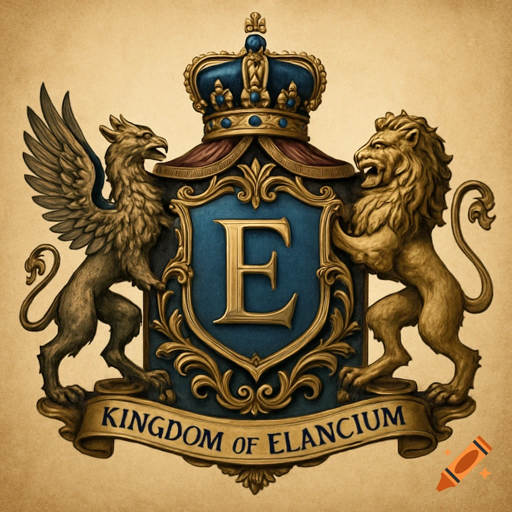 A royal coat of arms featuring a golden crown, a griffin, a lion, a shield with 'E', and a banner reading 'KINGDOM OF ELANCIUM' in a vintage, ornate style.