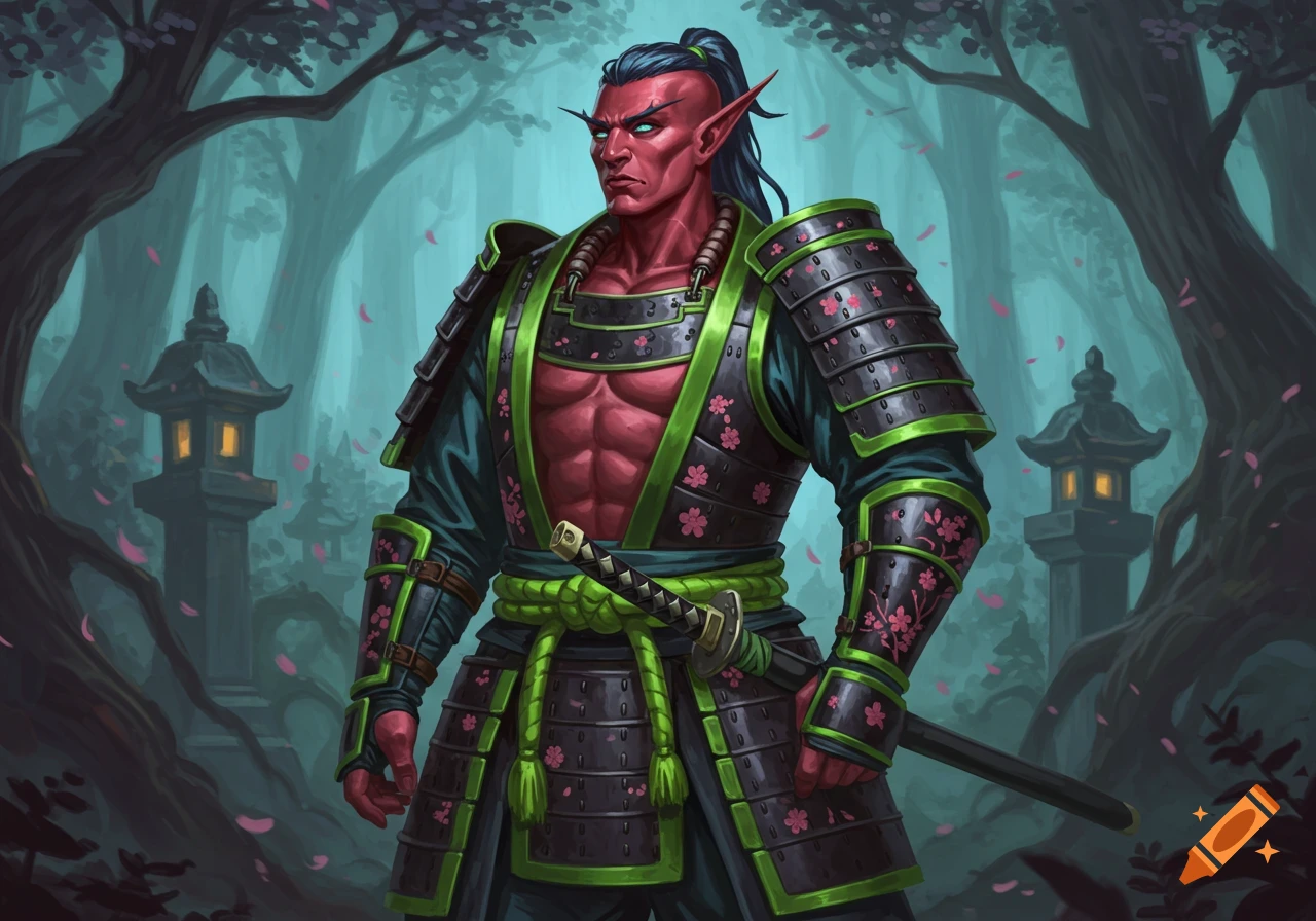 A red-skinned elf samurai in black and lime green armor with cherry blossoms, holding a katana in a mystical forest with glowing lanterns.