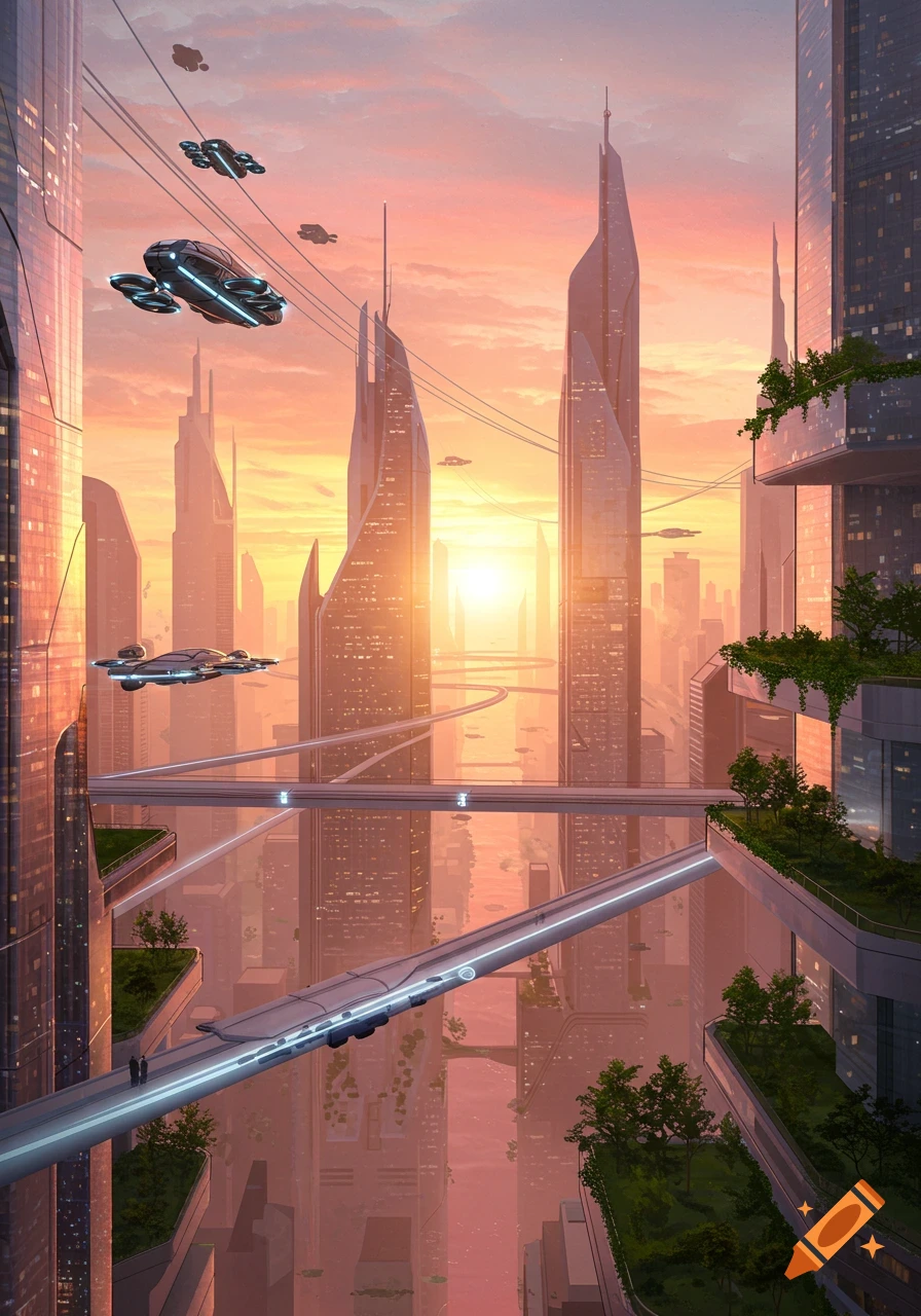 A vibrant futuristic cityscape at sunset with towering buildings, elevated walkways, and flying vehicles.