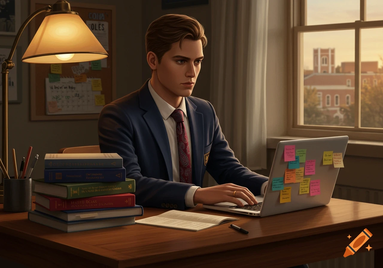 A young male college student in a suit types on a laptop covered in sticky notes, sitting at a wooden desk with a stack of books and a lamp. A window behind him shows a campus building.
