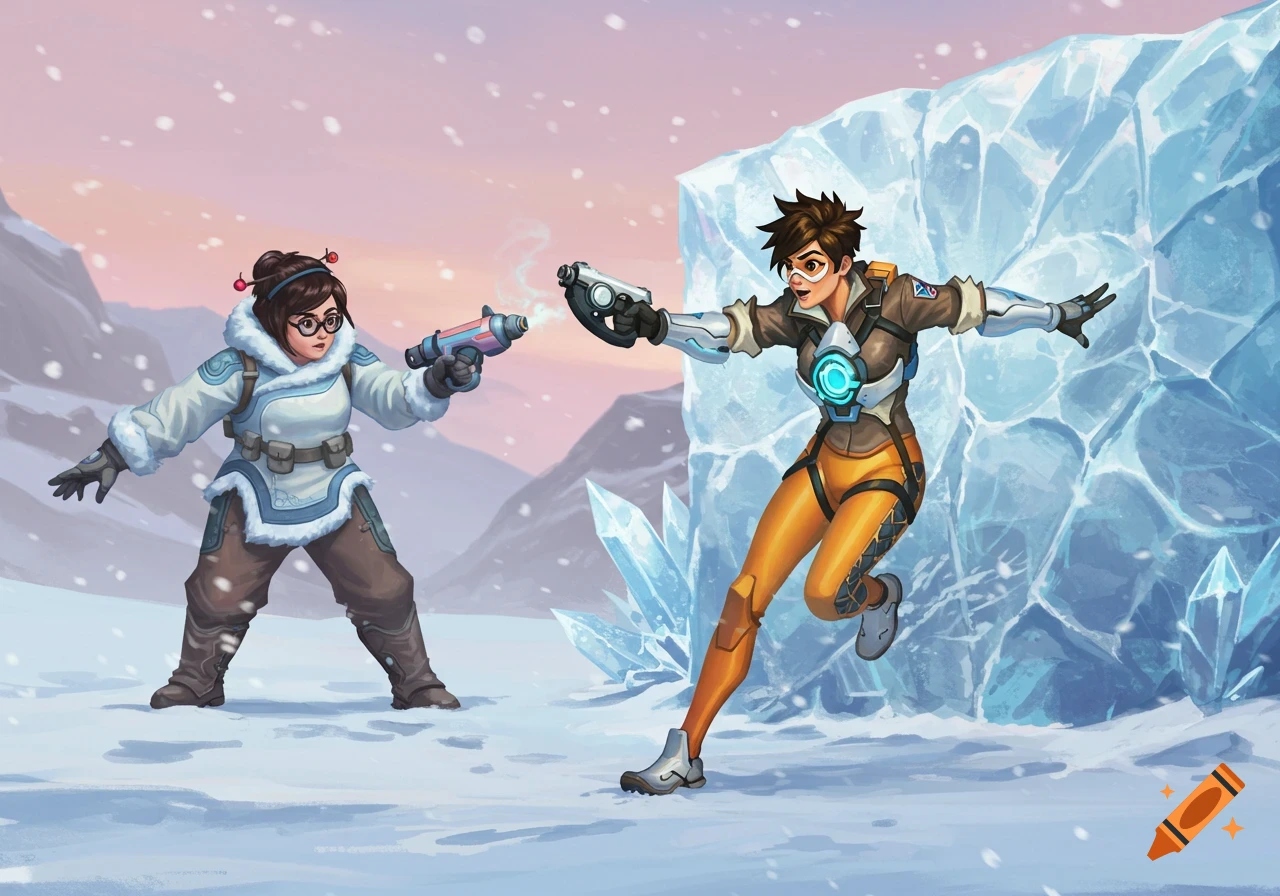 Overwatch characters Mei and Tracer battle in a snowy mountain landscape with large ice formations, in a vibrant video game art style.