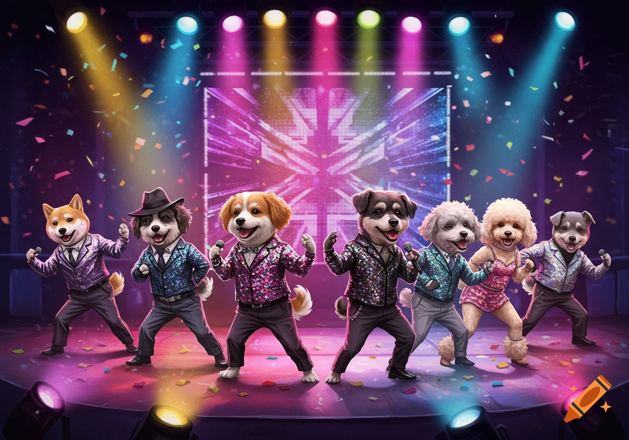 Seven anthropomorphic dogs in sequined outfits sing and dance on a brightly lit stage with colorful confetti falling.