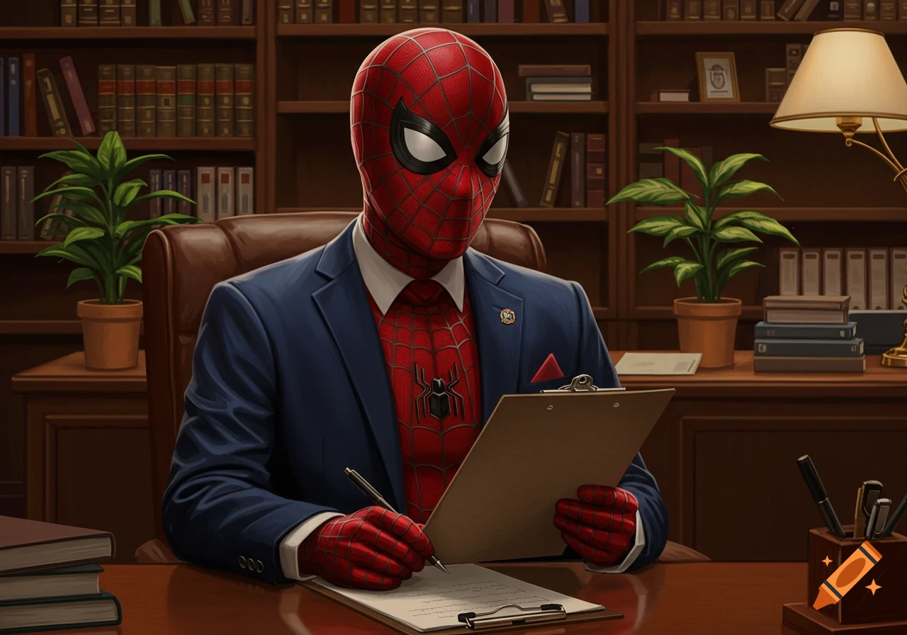Spider-Man in a blue suit and red tie sits at a wooden desk in an office, writing on a clipboard, with bookshelves behind him.