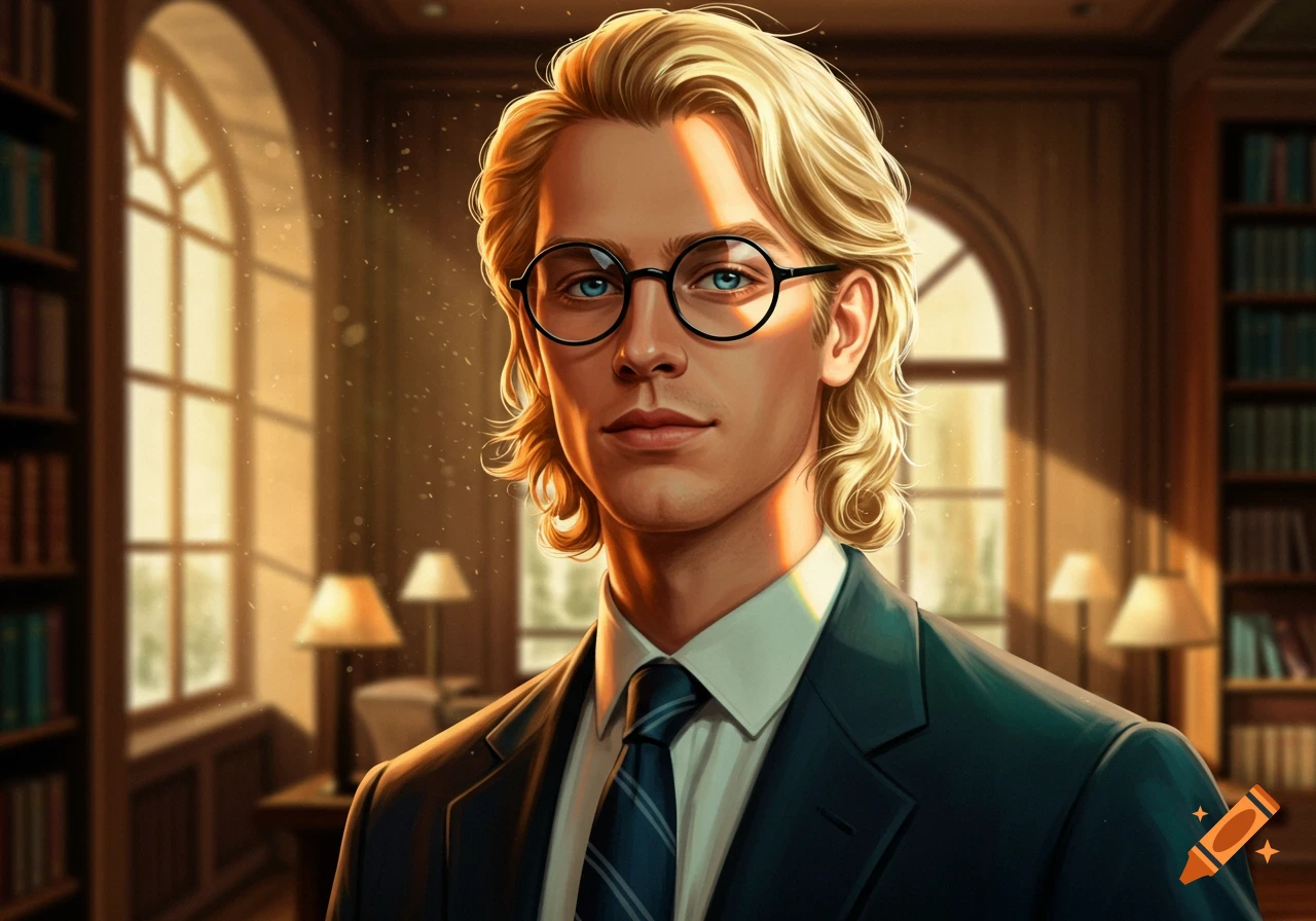 A stylized portrait of a blonde man with black circular glasses, wearing a suit and tie, standing in a sunlit library.
