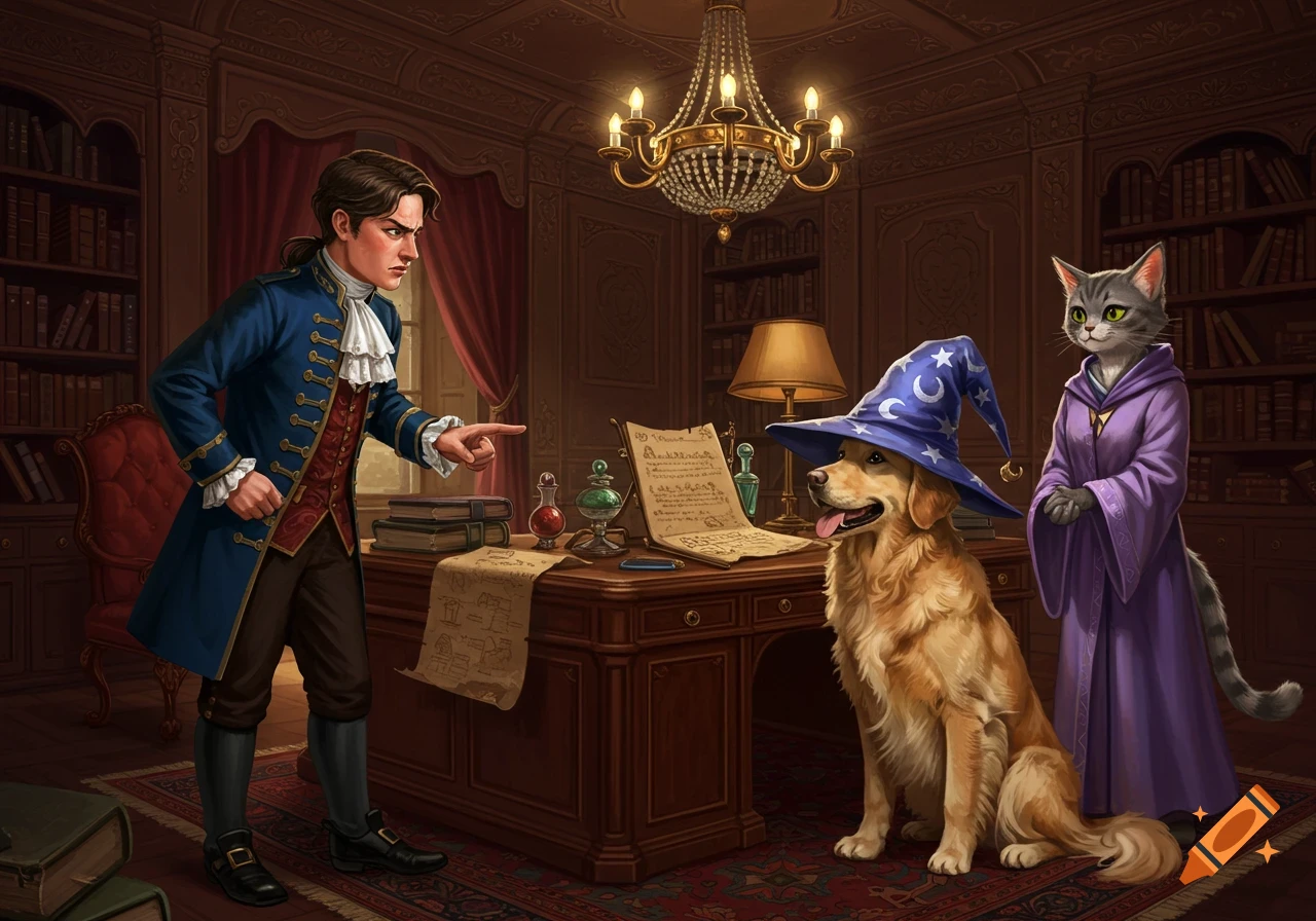 An angry man in a blue coat points at a golden retriever in a wizard hat, while an anthropomorphic cat watches in a grand study.