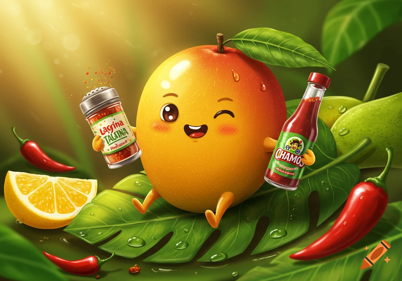 A cute, winking mango character sits on a leaf, holding a red spice shaker and a chamoy bottle, surrounded by chili peppers and lemon.
