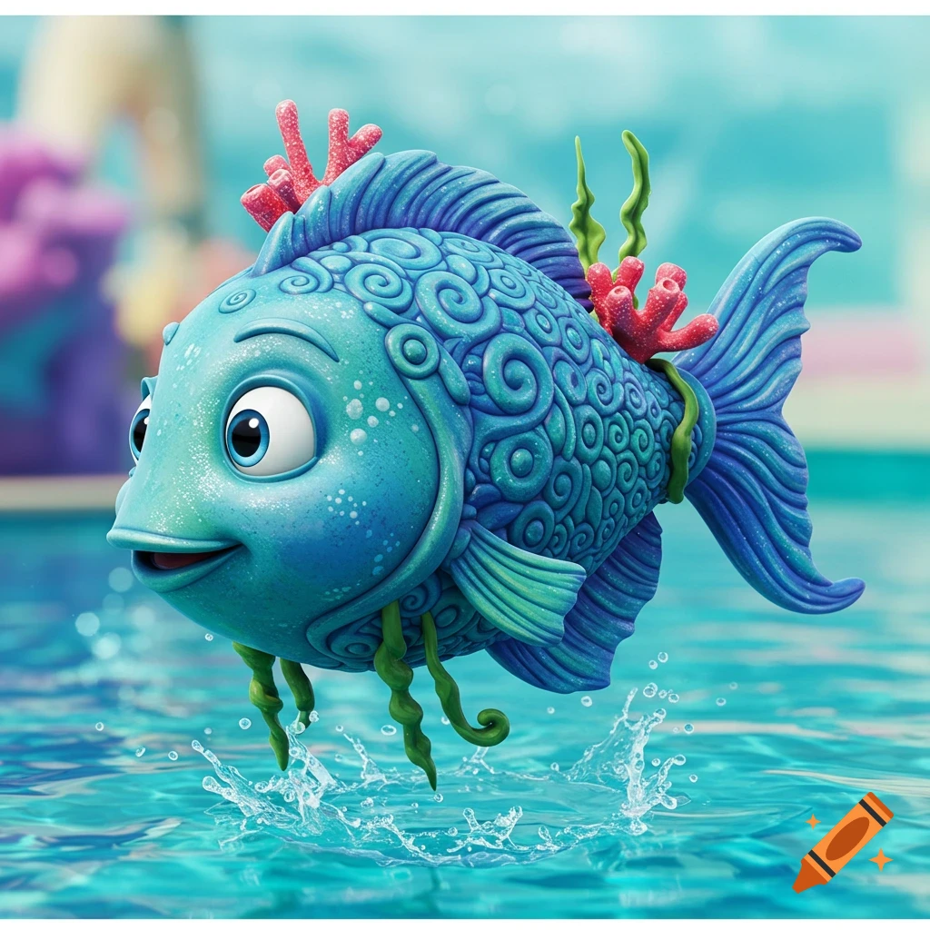 A vibrant blue, ornate Disney-style fish sculpture with big eyes leaps from turquoise water, creating splashes.