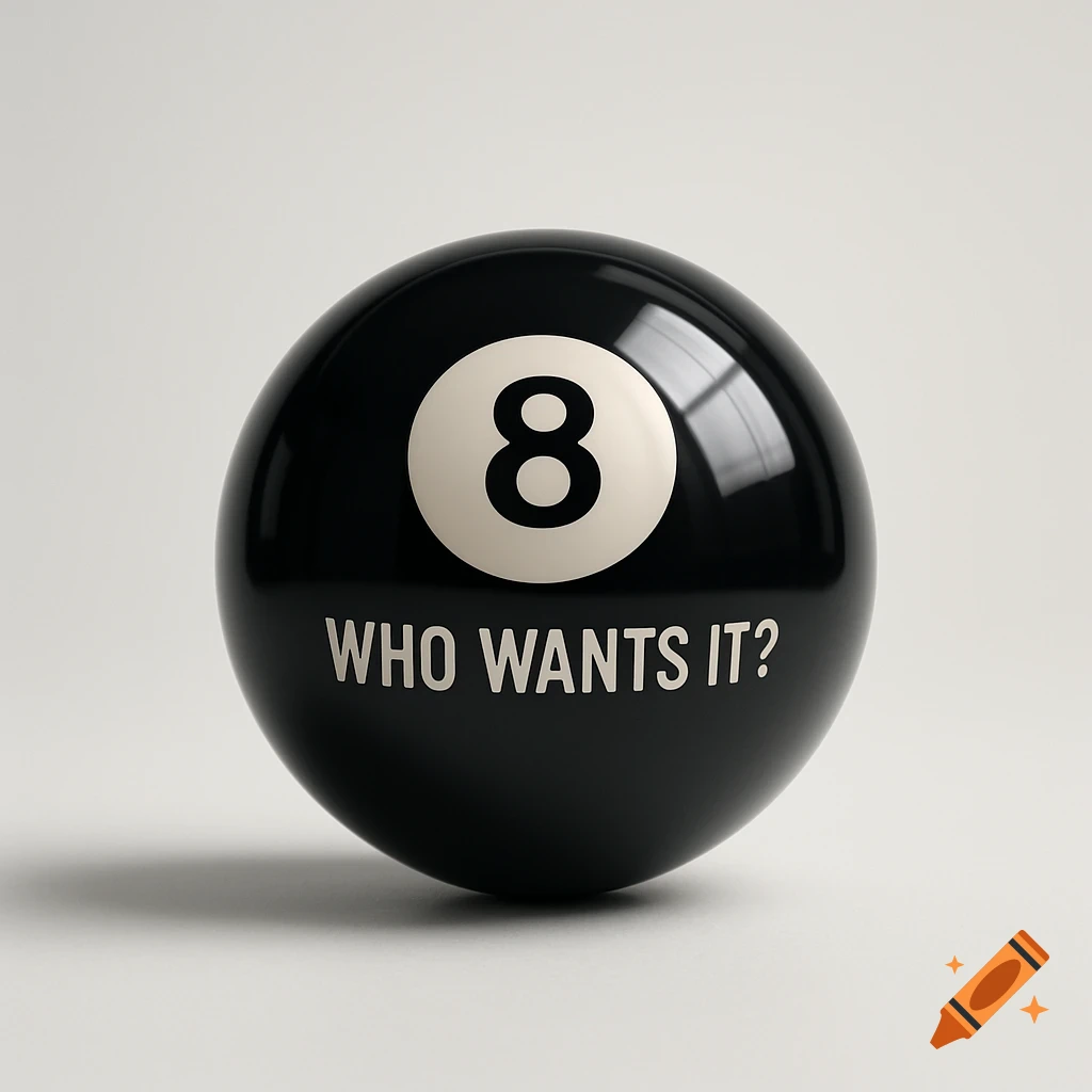 A shiny black 8-ball with a white circle containing the number 8 and the text 'WHO WANTS IT?' on a clean white background.