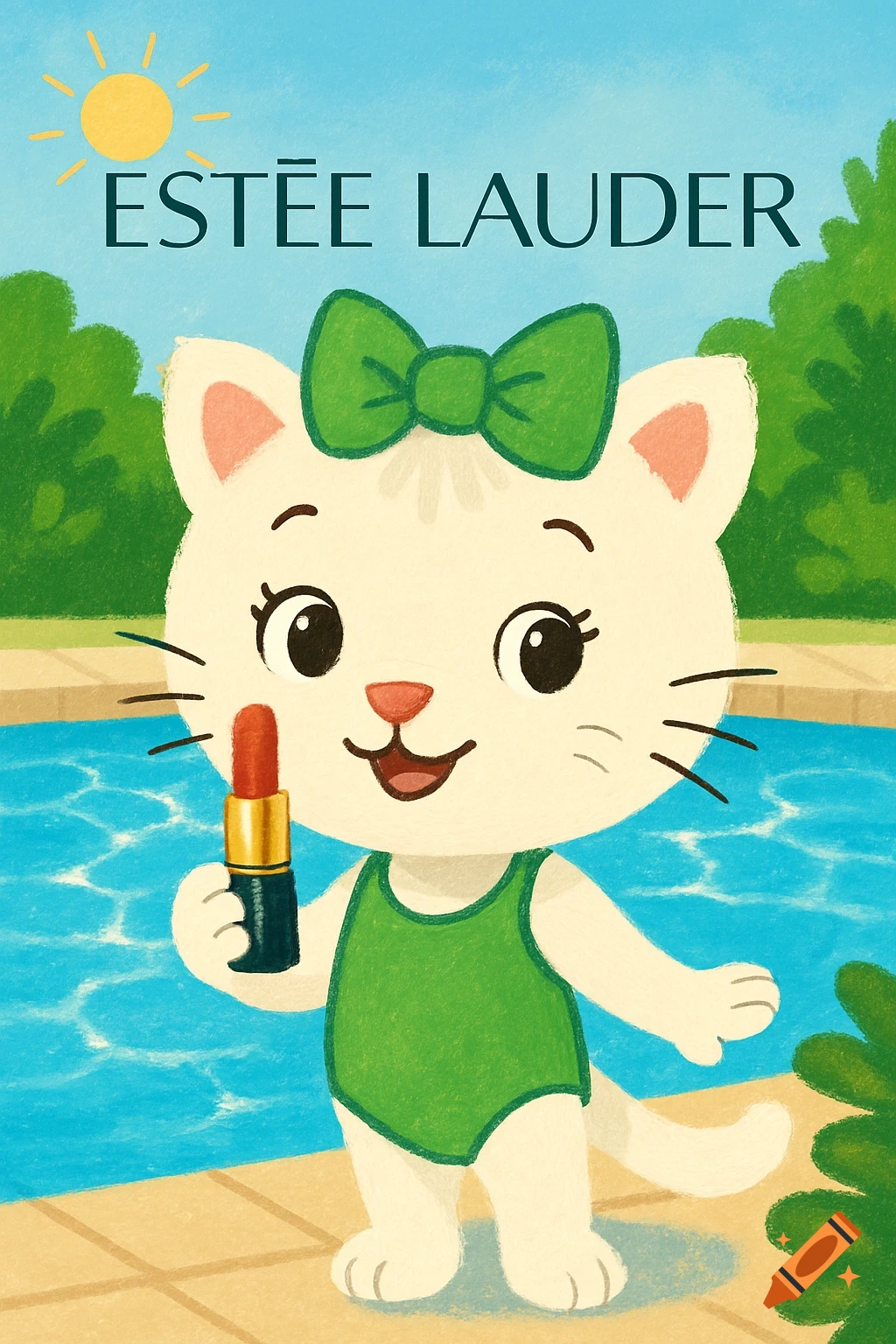 Cartoon white cat in a green swimsuit and bow holds red lipstick by a pool, with "ESTÉE LAUDER" text above, in a crayon illustration style.