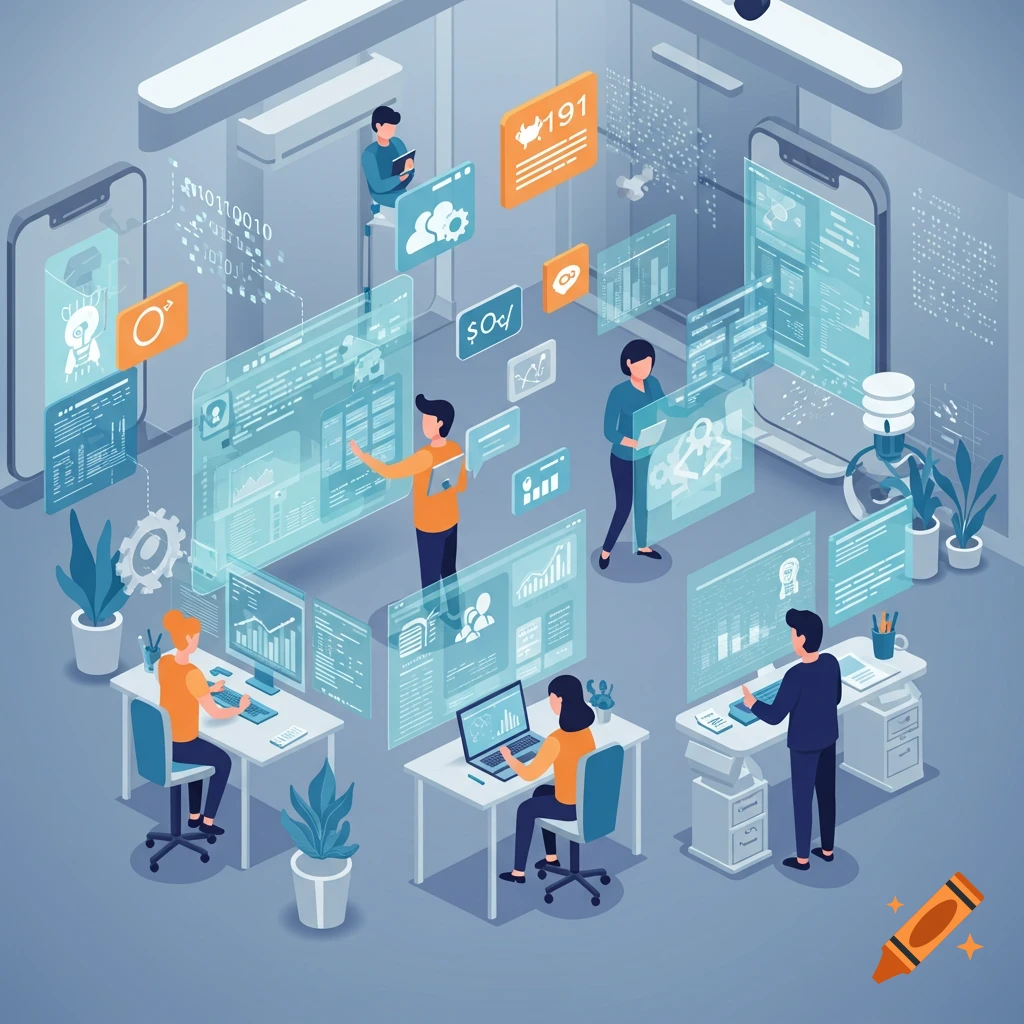 Isometric illustration of an office where people are developing mobile software, interacting with holographic screens and large smartphone displays.