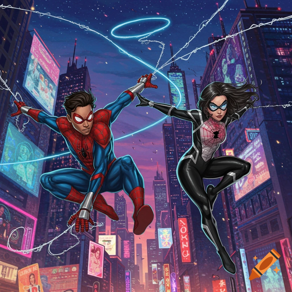 Two superheroes, a male Spider-Man and female Silk, swing through a vibrant, neon-lit cyberpunk city at night in a dynamic comic art style.