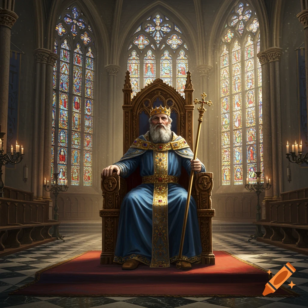 A wise, bearded king in blue robes and a crown sits on a golden throne in a grand cathedral with colorful stained glass windows.