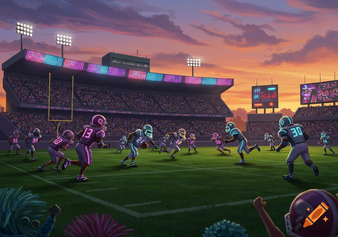 Cartoon football game at sunset, players with glowing outlines on a stadium field with a scoreboard.