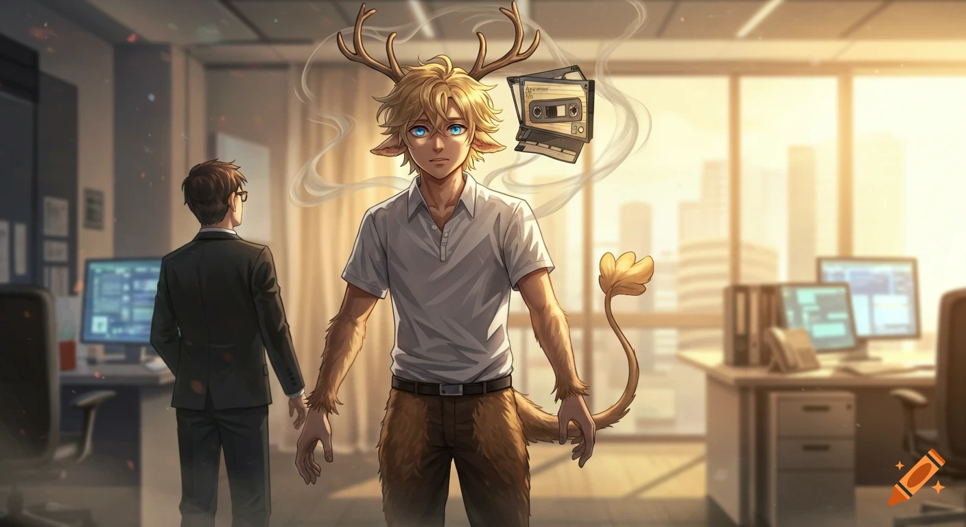 Anime satyr with antlers and a tail looks frustrated in an office with smoking tape cassettes behind his head.