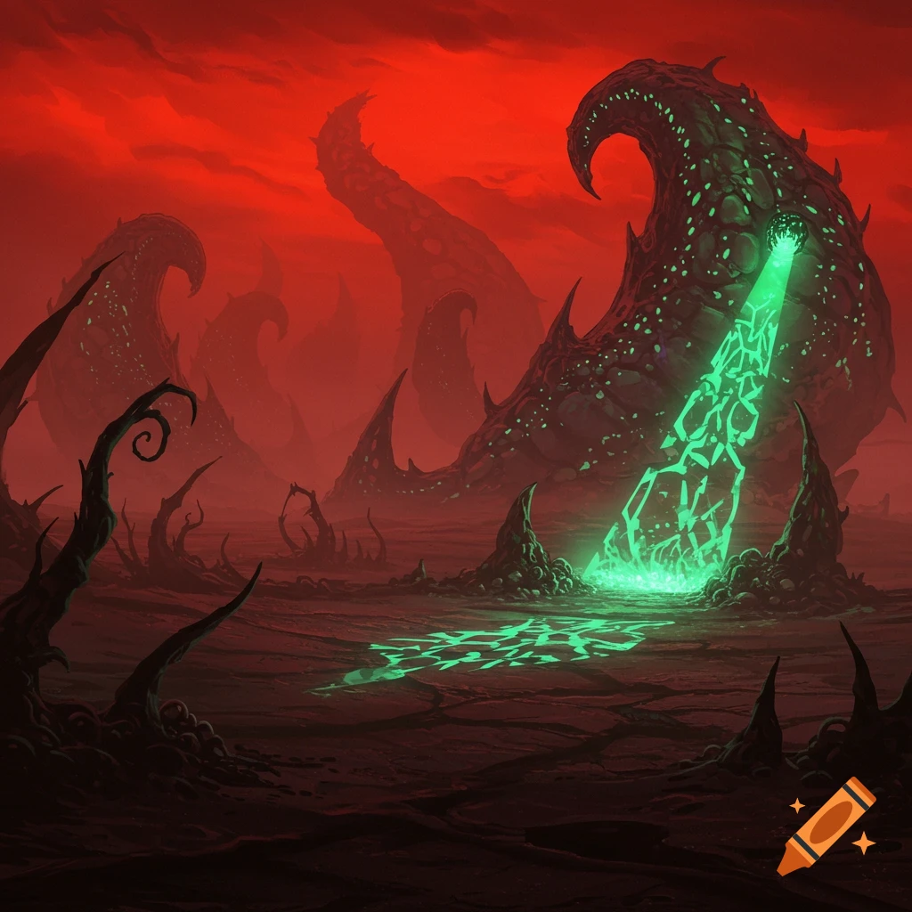 Dark, alien horror landscape with spiky, organic structures and a glowing green beam under a red sky. Digital art.