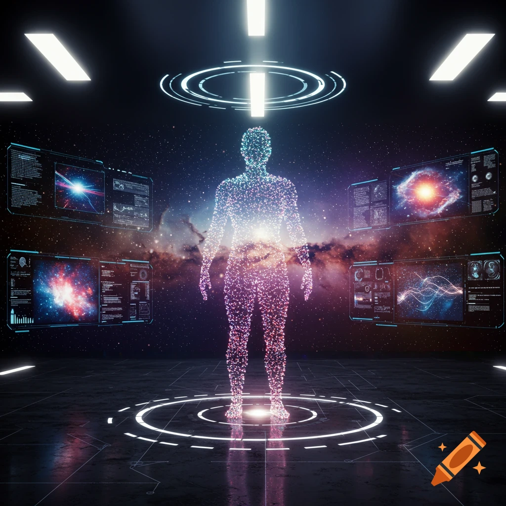 A glowing human figure made of colorful particles stands in a futuristic room surrounded by data screens with a cosmic background.