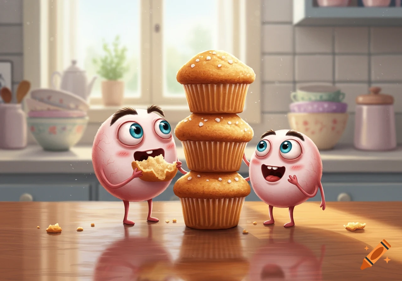 Two cute, pink, round cartoon characters with big blue eyes on a kitchen counter; one eats a muffin while the other smiles beside a stack of muffins.