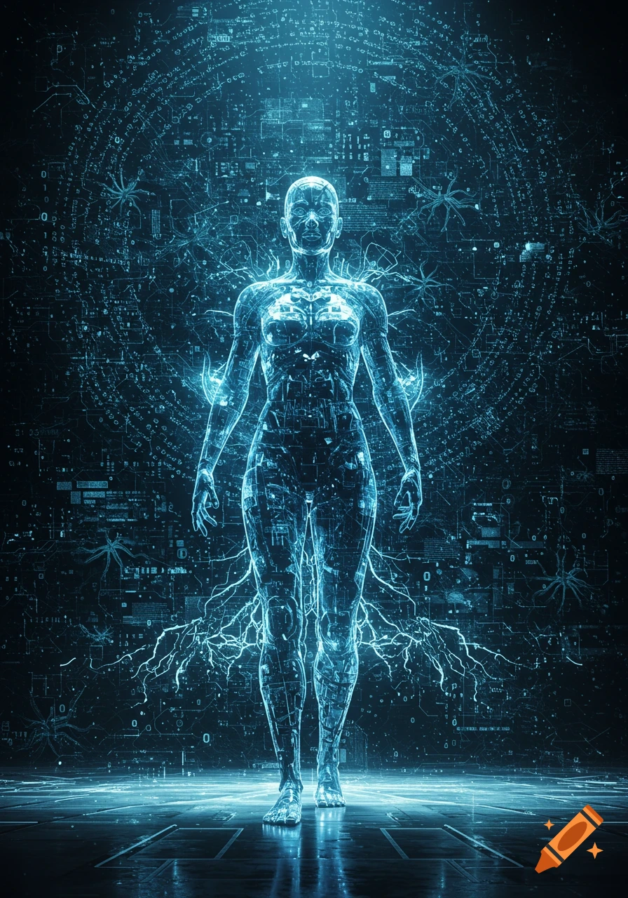 A luminous, wireframe-like human figure stands against a dark background filled with glowing blue digital circuits and data.