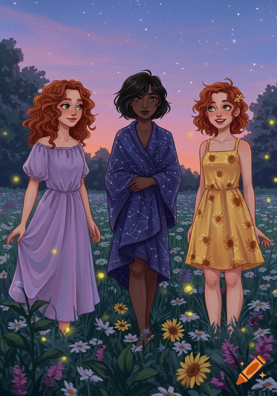 Illustrated image of three women in dresses standing in a field of wildflowers with fireflies at dusk, under a starry sky.