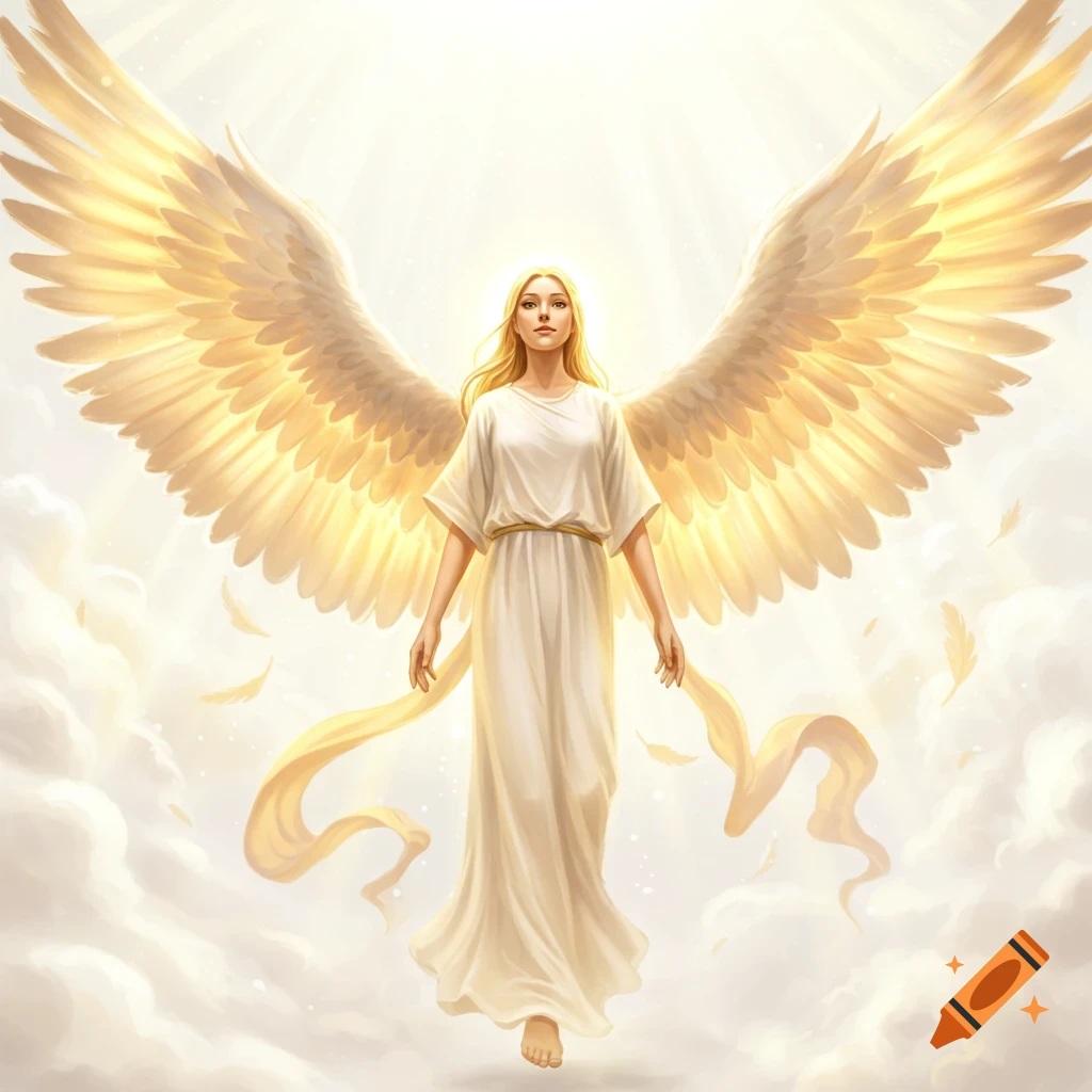 A beautiful winged angel in a white gown stands amidst glowing clouds and bright light, in a digital painting style.