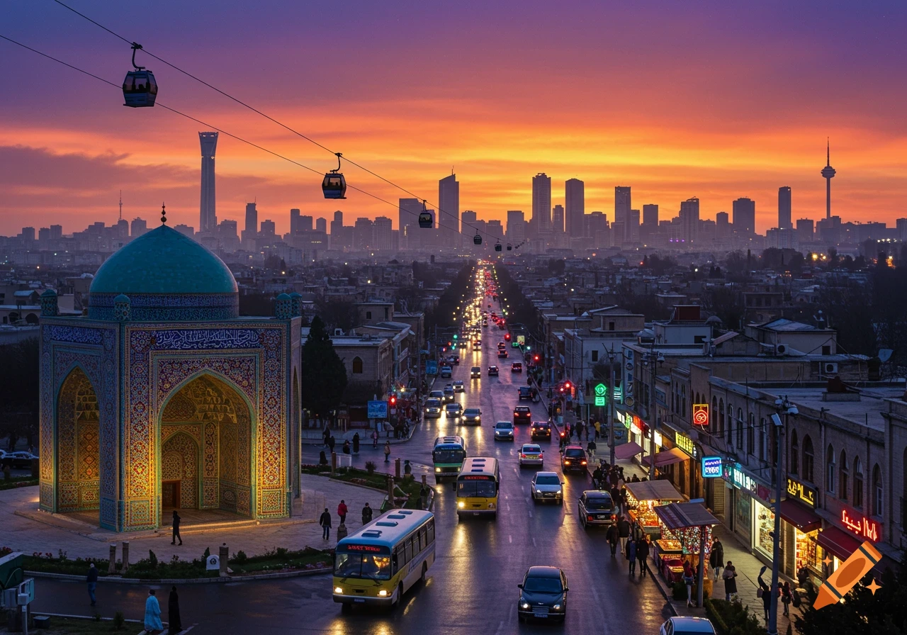 A vibrant cityscape at dusk with a colorful sky, showing a decorated mosque-like building, a busy street with cars and buses, and a skyline of modern buildings and a tower in the background. Cable cars traverse the sky.