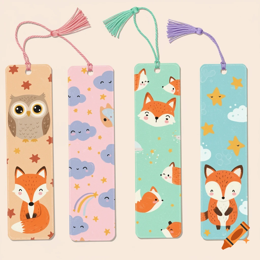 Four colorful cartoon bookmarks with tassels, featuring an owl, foxes, clouds, stars, and a rainbow.