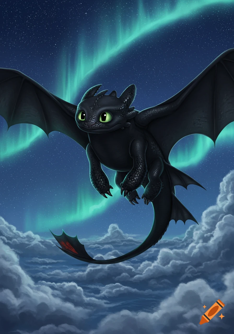 A black dragon with bright green eyes flies through a starry night sky with a green aurora borealis and white clouds.