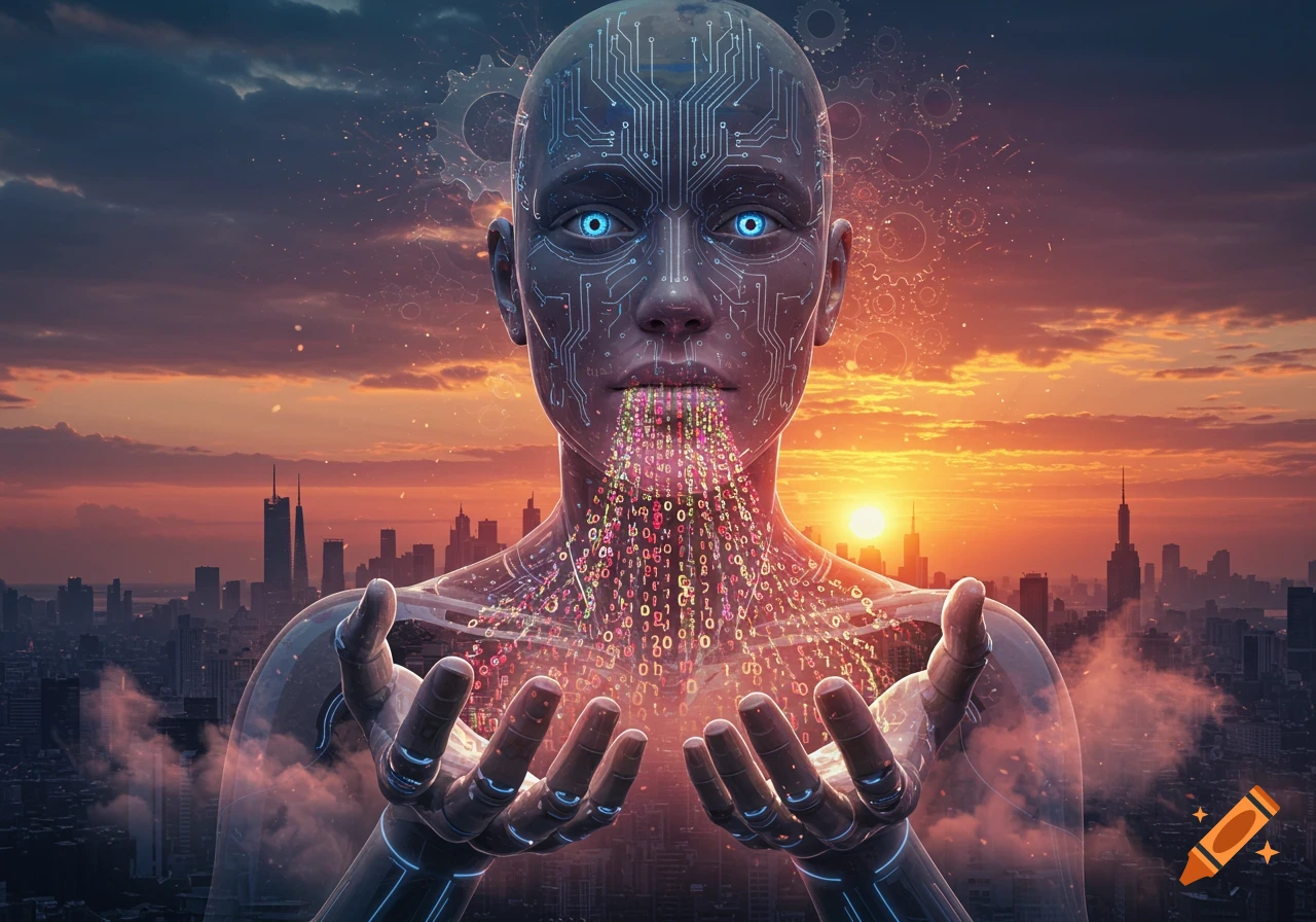 A futuristic AI figure with glowing blue eyes emits colorful binary data from its mouth, catching it in its hands, overlooking a cityscape at sunset.