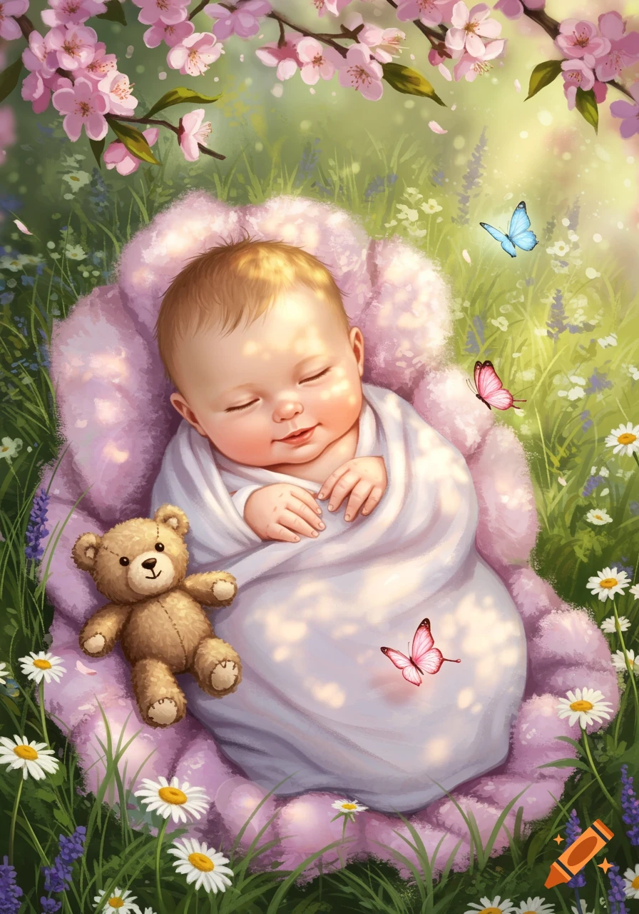 An illustration of a sleeping baby in a white blanket, cuddled with a teddy bear in a pink cushion amidst spring flowers and butterflies.