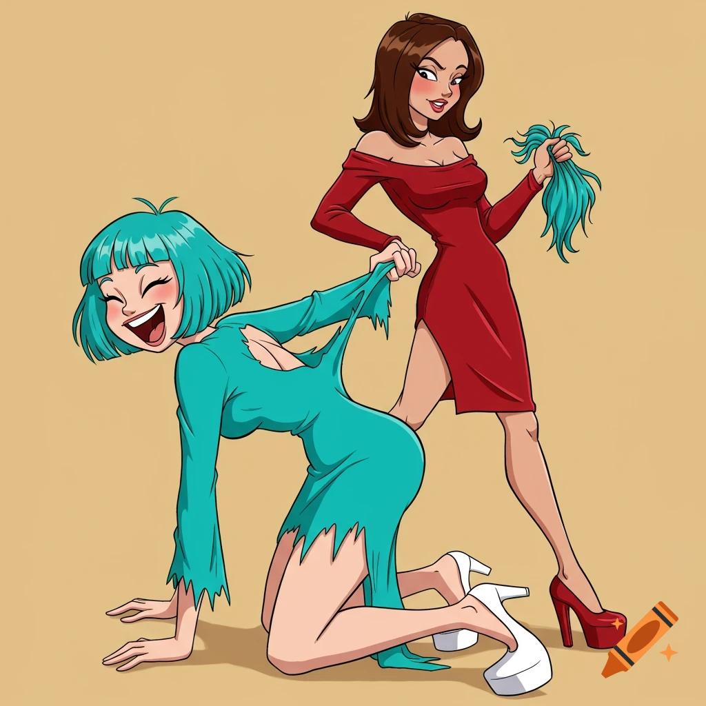 A cartoon of a woman in a red dress pulling the teal wig and tattered dress of another woman on her hands and knees, both laughing.