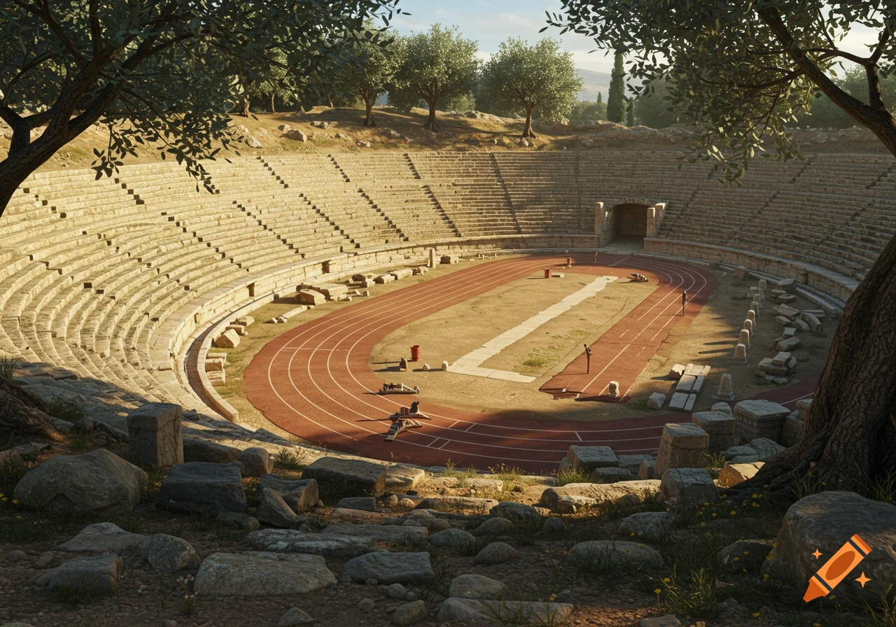 Photorealistic ancient Greek stadium with a red running track, stone spectator terraces, and olive trees under warm daylight.
