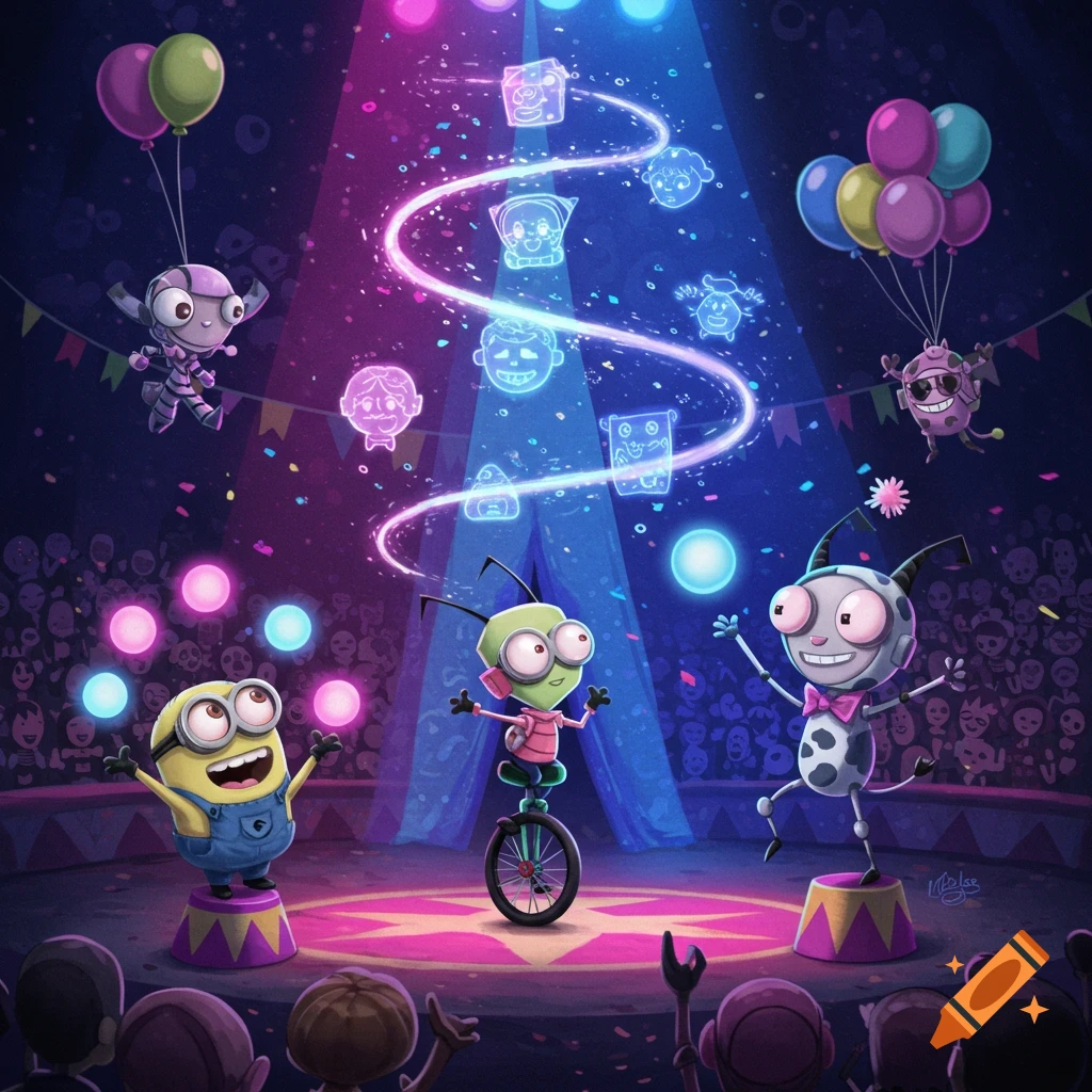 Cartoon Minions and Invader Zim characters perform in a vibrant, neon-lit circus with a cheering audience.