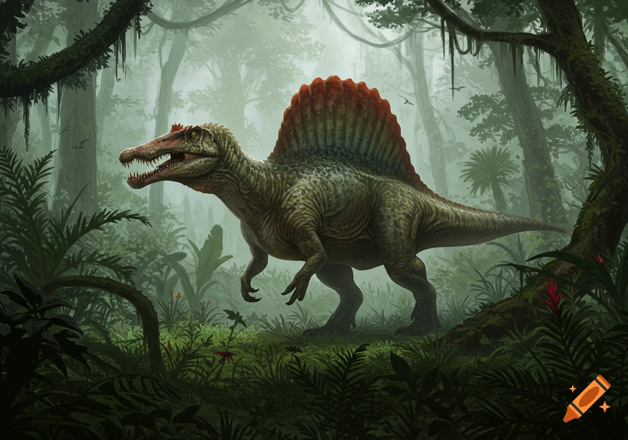 A detailed illustration of a Spinosaurus with a large red sail, standing in a misty, lush green jungle.