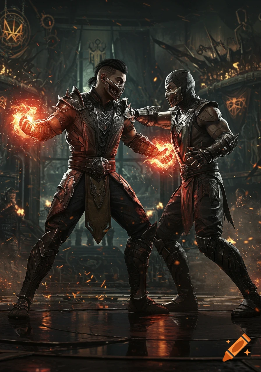 Two masked fighters with glowing fire in their hands face off in a dark, fiery arena, digital art style.