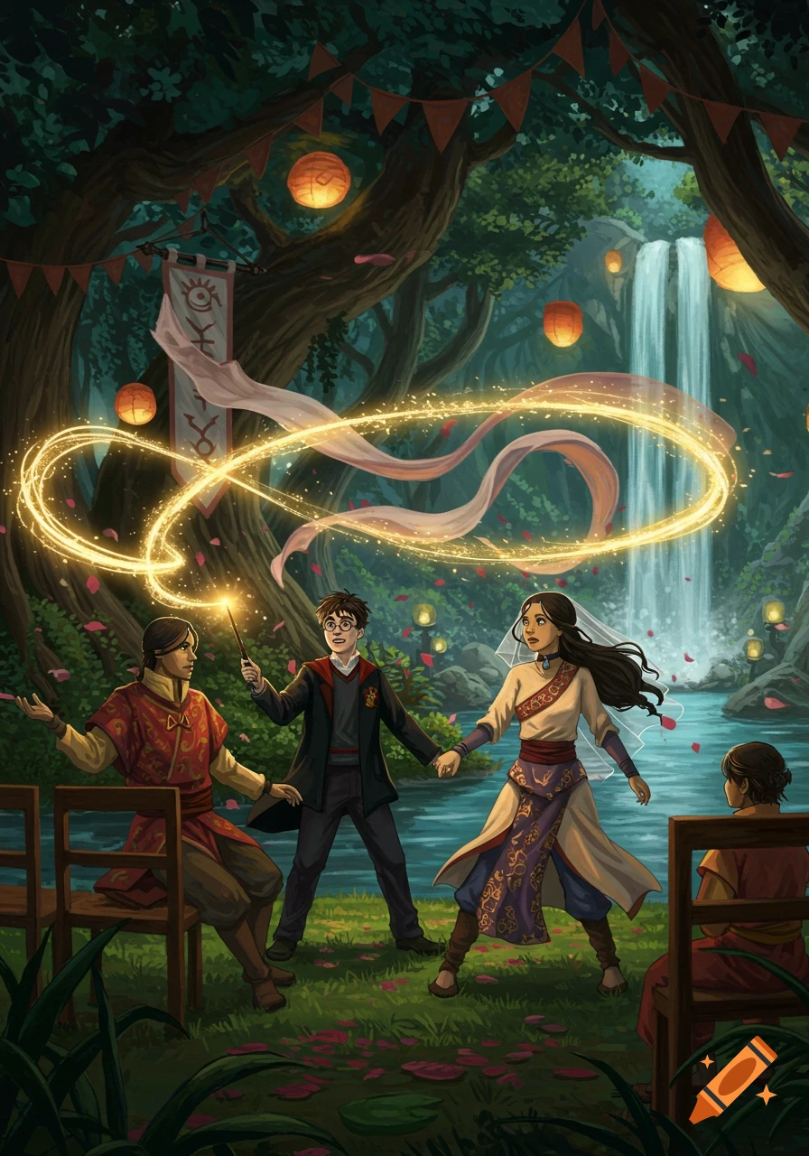 Harry Potter casts a spell at a forest wedding, with Aang and Katara-like characters, glowing lanterns, and a waterfall, in a stylized illustration.