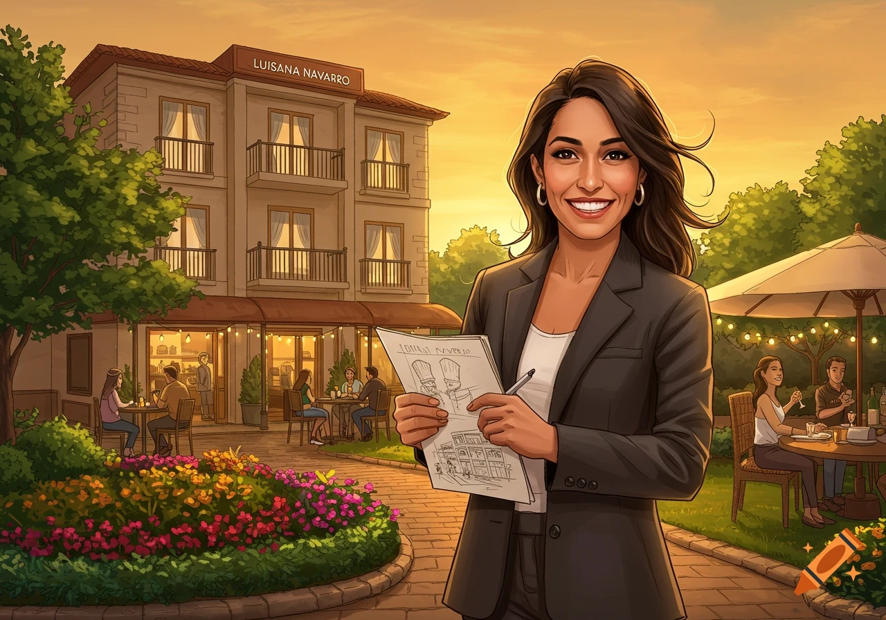 An animated woman in a business suit smiles, holding sketches of restaurants and hotels. Behind her is a hotel building and people dining outdoors.