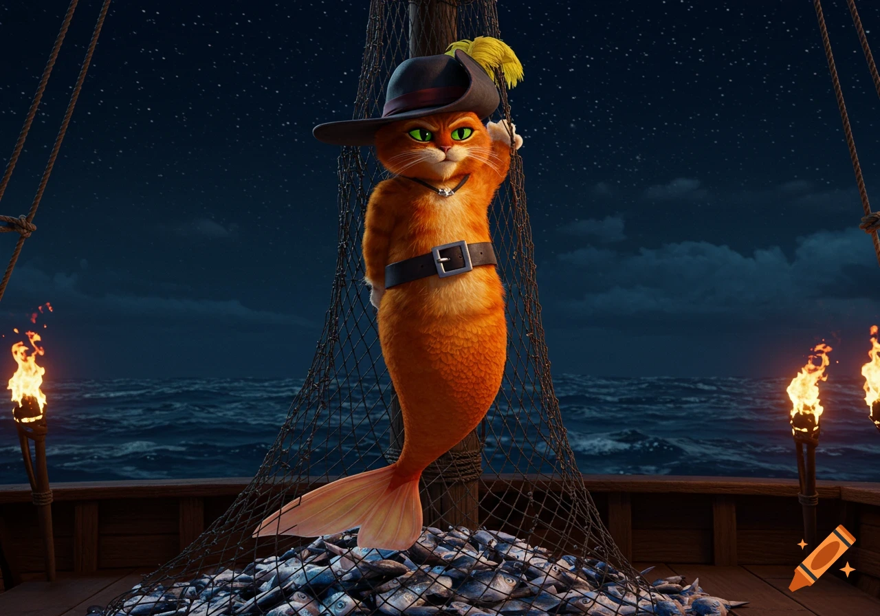 3D Puss in Boots as a mermaid with a belt, standing on a ship at night, tangled in a fishing net with a pile of fish.