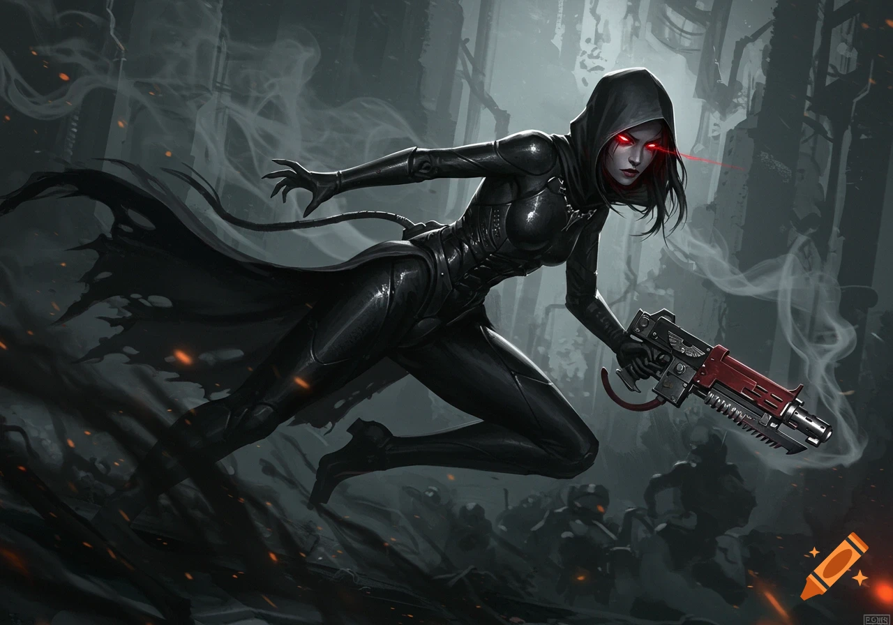 A hooded female assassin with glowing red eyes and a dark, form-fitting suit, holding a red and black sci-fi rifle, running through a smoky, dark, war-torn cityscape.