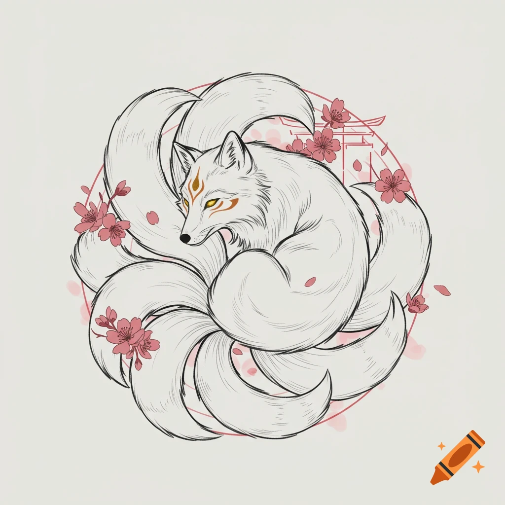 Stylized white multi-tailed fox curled up, with pink cherry blossoms and a faint Japanese gate in line art.